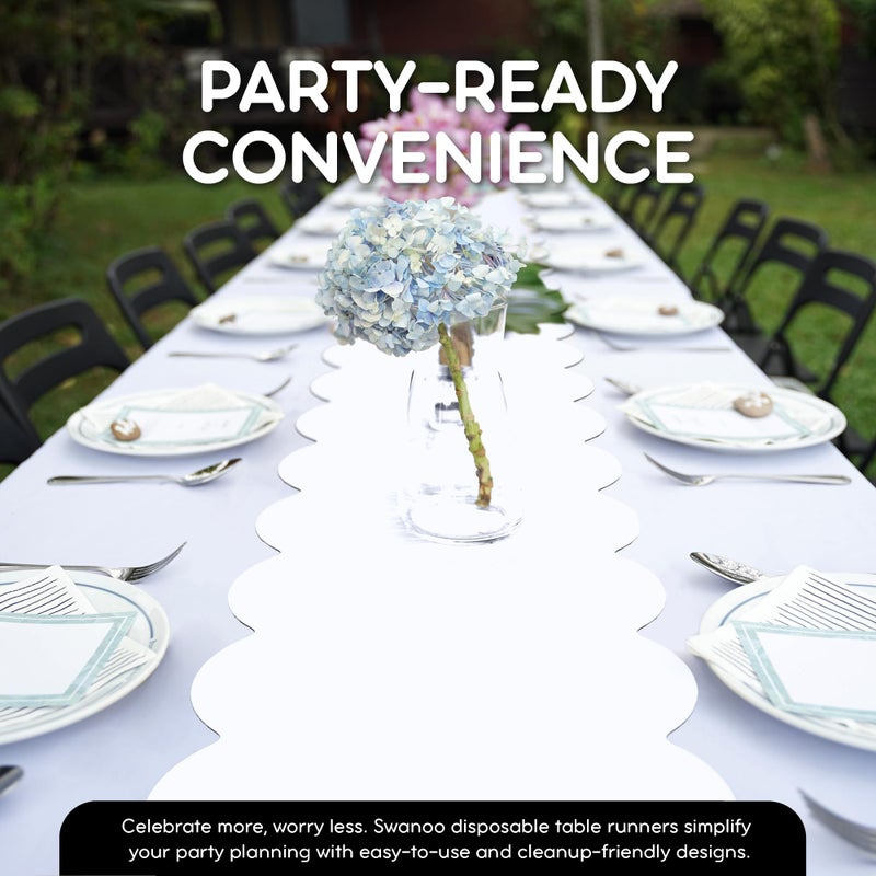 Swanoo White Plastic Disposable Table Runner. 5 Pack 14 x 108 inch. Scallop Table Runner Adds A Pop of Color to Your Party Table, by Swanoo - Image 3